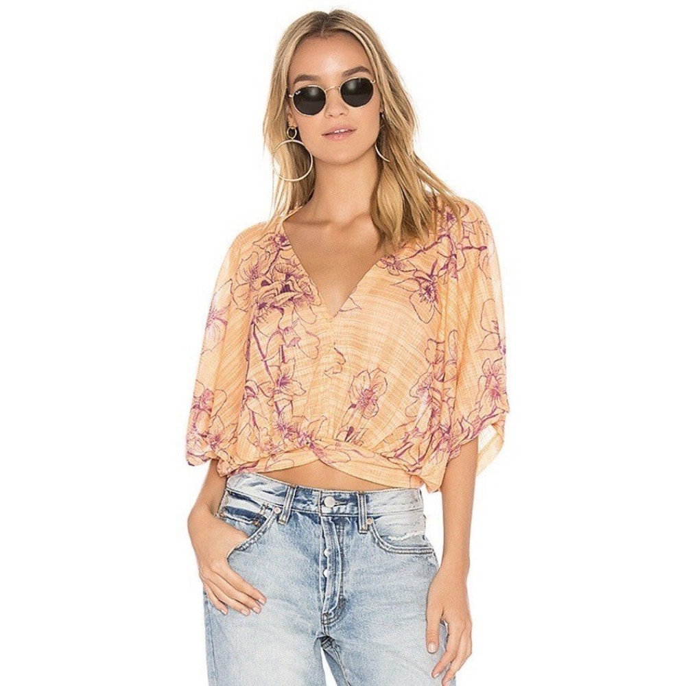 Free People One Dance Flowy Top Floral V-Neck Dolman Short Sleeve Orange Large